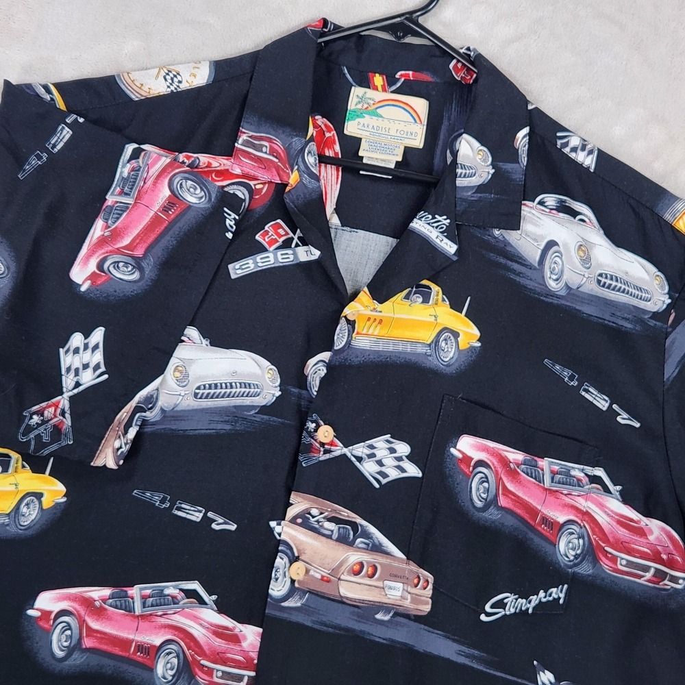 Paradise Found Shirt Mens XL Black Corvette Hawaiian Short Sleeve Button Up